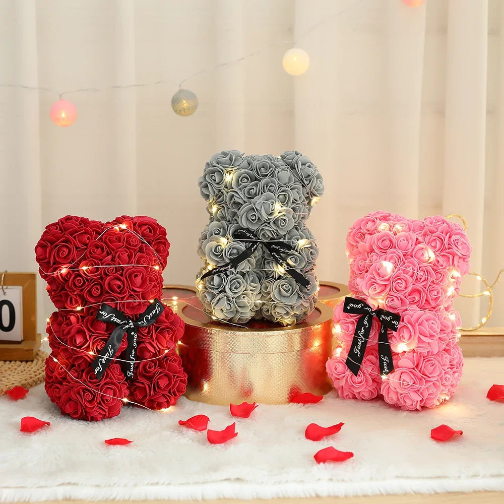 Artificial Rose Flower Bear with Box & Light