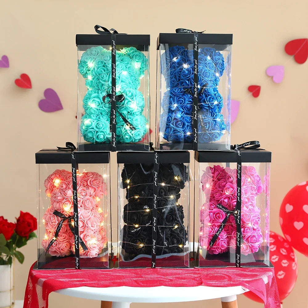 Artificial Rose Flower Bear with Box & Light